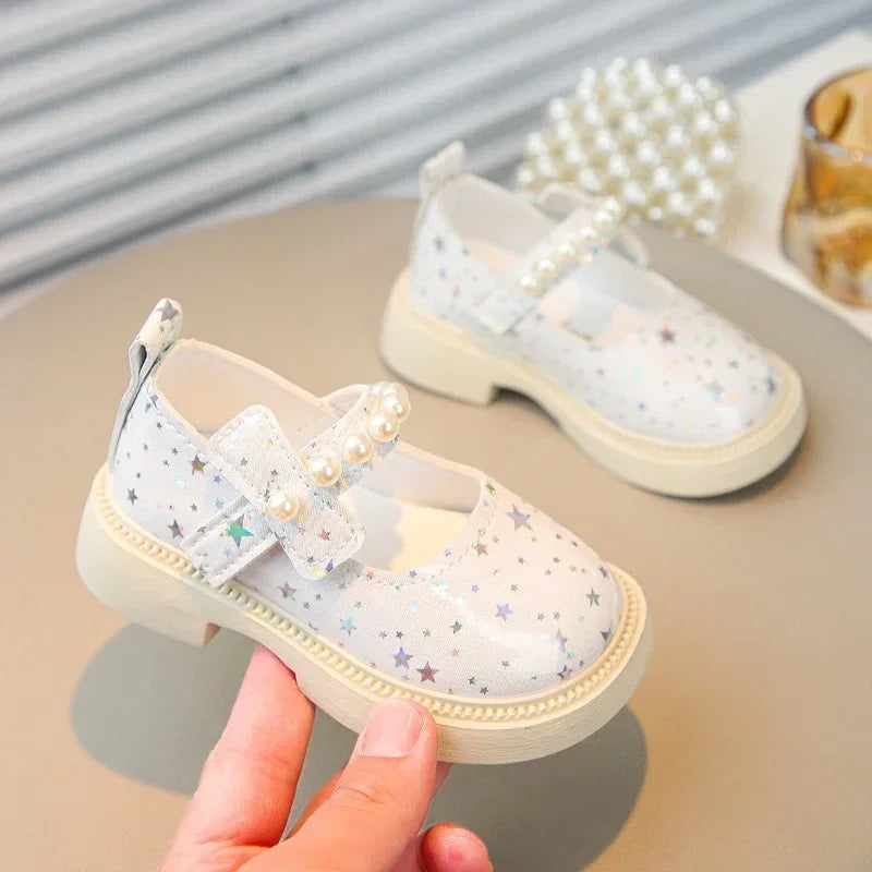 Bling All Over Stars Fashion Leather Shoes for Kids Girls Beading Black Pink White Rubber Children School Dress Shoes New I01163