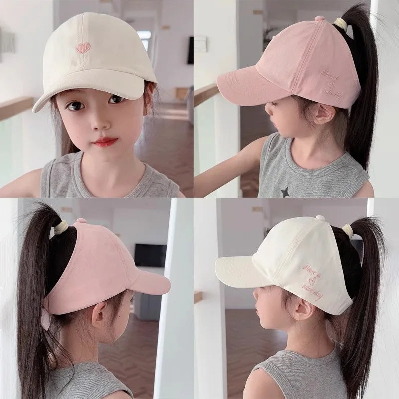 Embroidery Heart Kids Empty Top Hats Korean Girl Summer Sunshade Ponytail Baseball Caps Solid Color Outdoor Children Sun Hats
