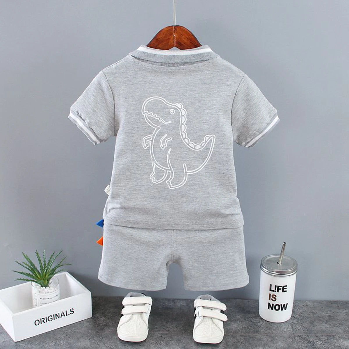 Summer Children Clothes Baby Boys Clothes Set Dinosaur Printed Turn-down Collar T-Shirts Tops+ Shorts 2PCS/Suit Infant Clothing