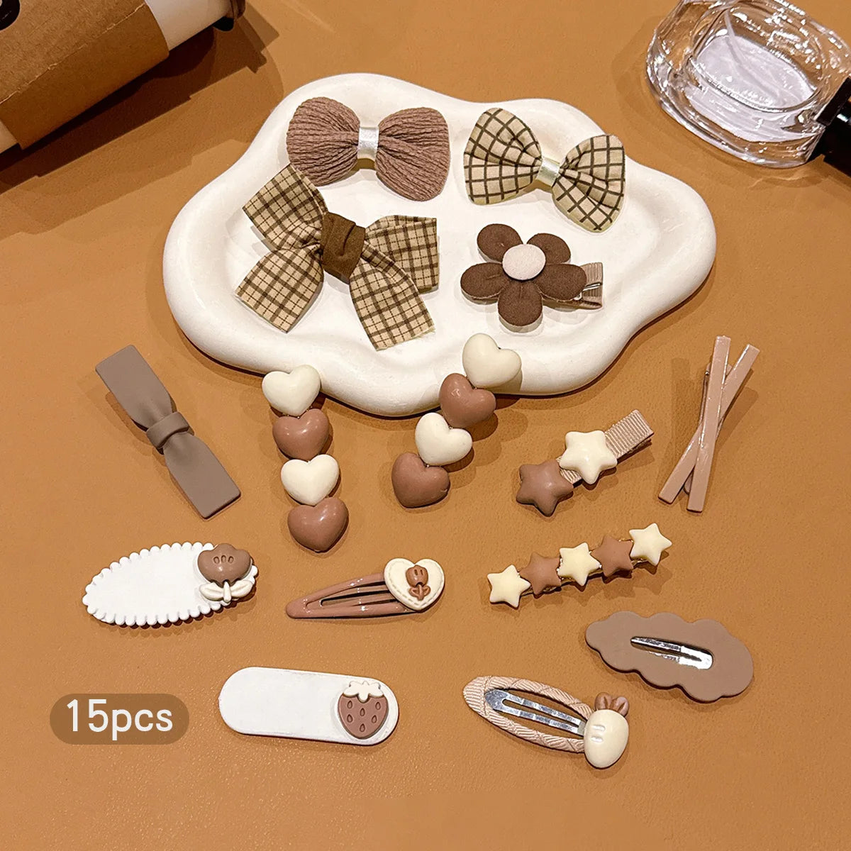 15 coffee colored bow hair clips with simple clips suitable for daily hair accessories