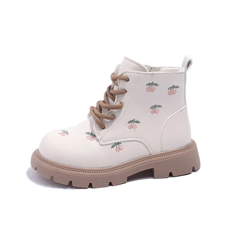 Girls' Fashion Ankle Boots – Embroidered Leather Spring/Autumn Boots for Kids, Casual and Versatile Princess-Style Footwear