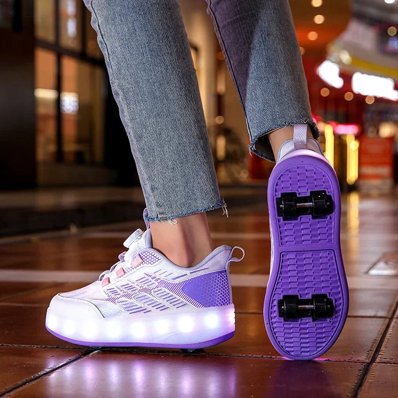 Children's Walking Shoes Girls 2025 New Rotary Buckle Flash Light Boy Student Four Wheel Roller Shoes Can Walk and Slide
