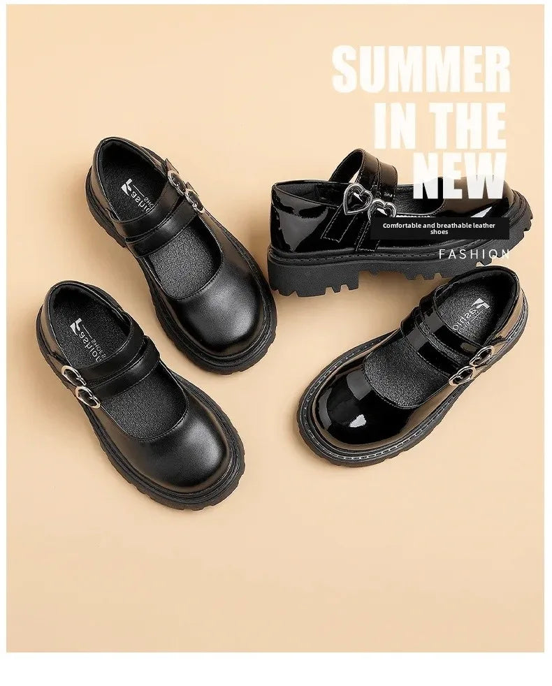UK Womens Children's Leather Shoes 2024 Spring/Autumn New Style Children's Performance Shoes Black Dance Shoes Princess Shoes Up