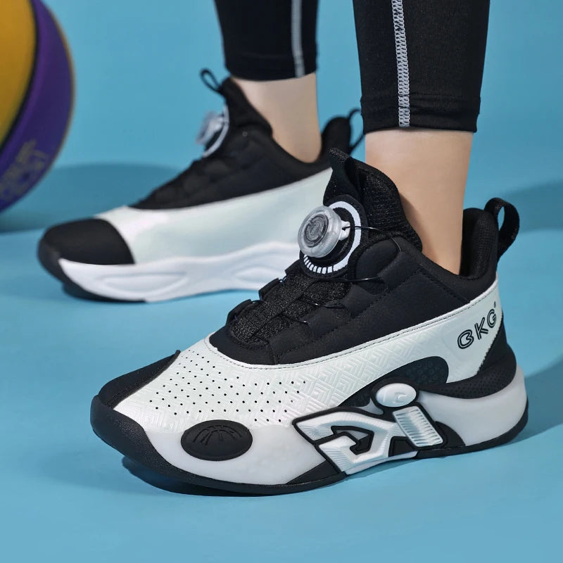 Children's Training Basketball Shoes Boys' Spring New Rotating Buckle Sneakers Youth Fashion Leather Breathable Footwear 32-41