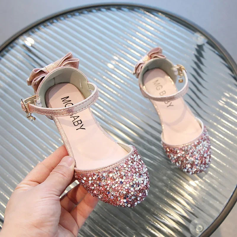 Girl Leather Shoe 2024 New Fashion Princess Shoe Crystal High Heels Student Performance Dance Shoe Sweet Kids Shoes Zapatos Niña