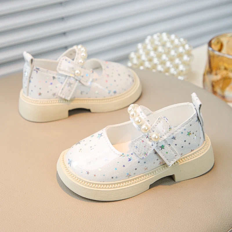 Bling All Over Stars Fashion Leather Shoes for Kids Girls Beading Black Pink White Rubber Children School Dress Shoes New I01163