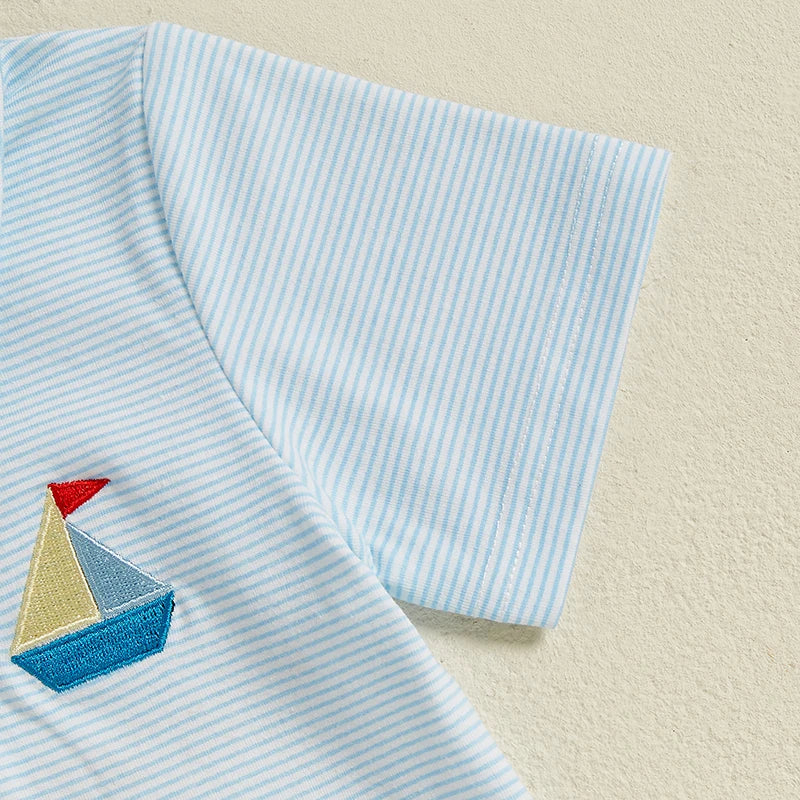 Boys Summer Outfit Sets with Short Sleeve Lapel Sailboat Embroidery Tops and Solid Color Shorts - Stylish and Comfortable