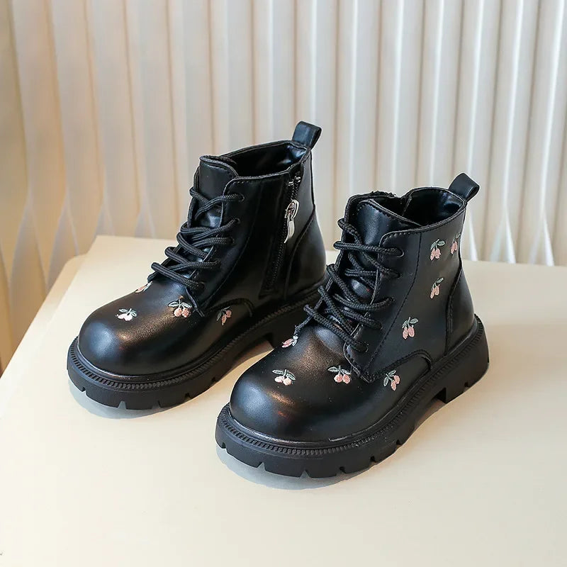Girls' Fashion Ankle Boots – Embroidered Leather Spring/Autumn Boots for Kids, Casual and Versatile Princess-Style Footwear
