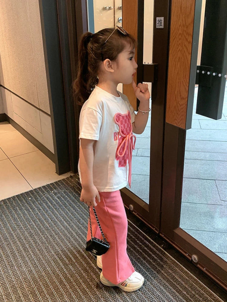 Summer Baby Girls Clothes Set Plaid Cartoon Bear Tshirts and Flared Pants Suiy Children Short Sleeve Top Bottom 2 Pcs Outfits