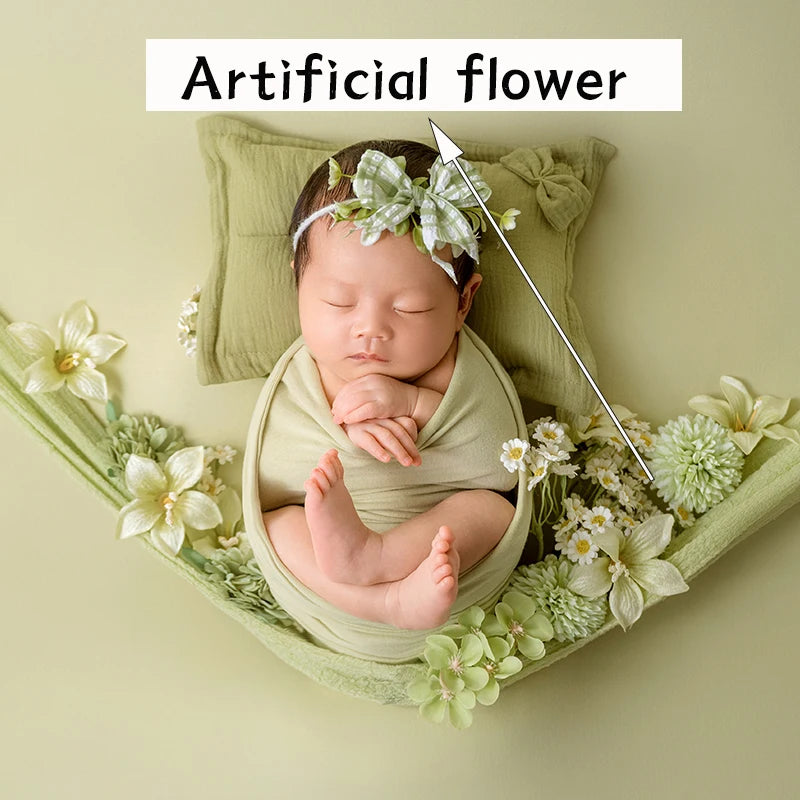Newborn Baby Photography Props Infant Photoshoot Elastic Wrap Cloth Adjustable Bow Headflower Green Theme Baby Photo Accessories