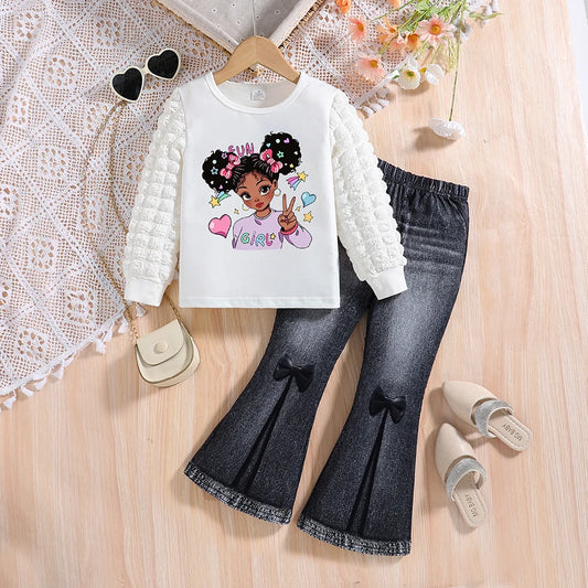Girls' Two-Piece Spring/Autumn Outfit – White Round Neck Long Sleeve Top with Cartoon Print and Solid Color Slim-Fit Pants