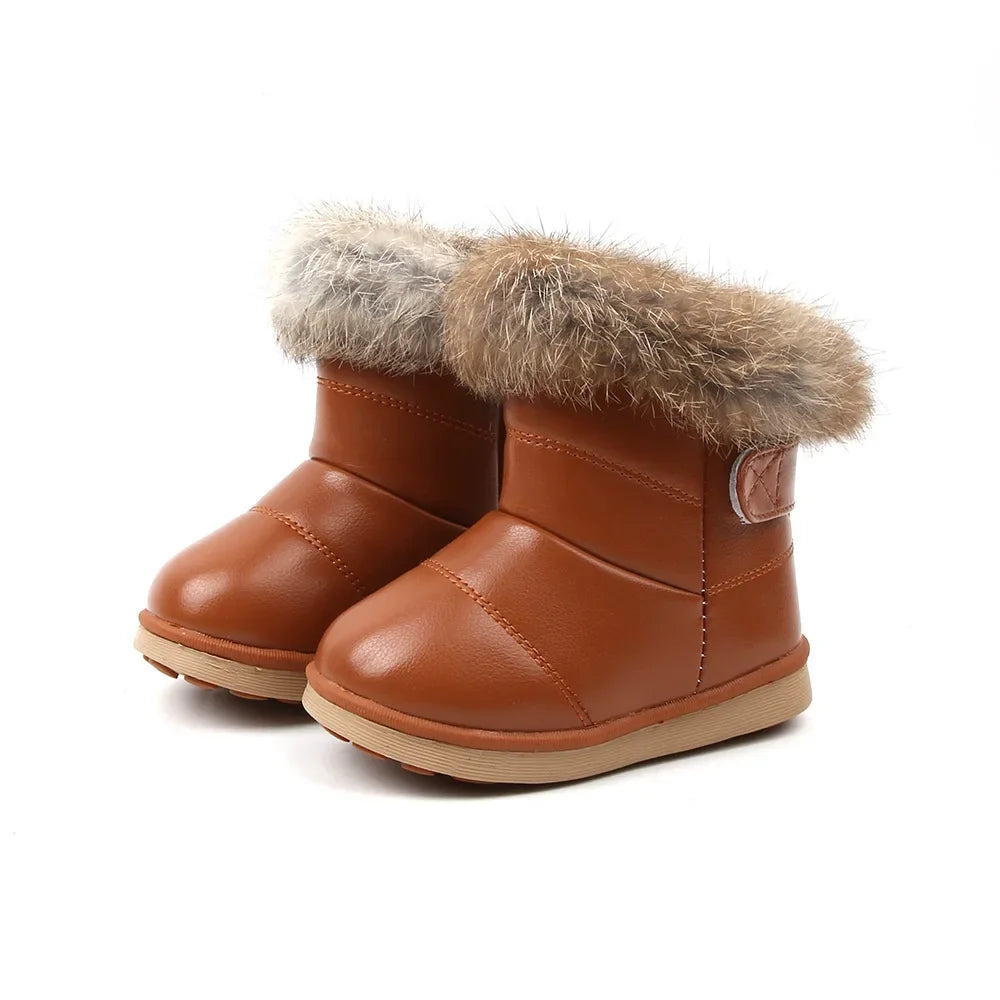 New Winter Baby Girls Boots Casual Warm Rabbit Fur Mid-Calf Boots Shoes Child Slip-On Round Toe Platform Snow Boots Shoes H01259
