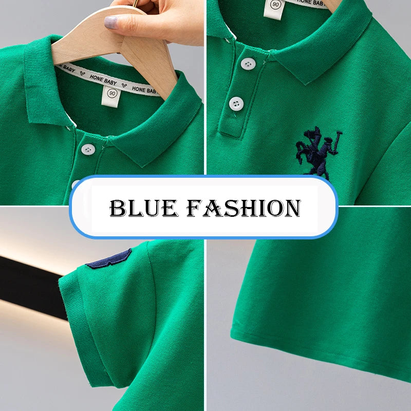 Summer Boys 2024 Casual Embroidery Horse Button Pullover Short sleeved T-shirt Polo Shirt Children's Clothing 1-7Y