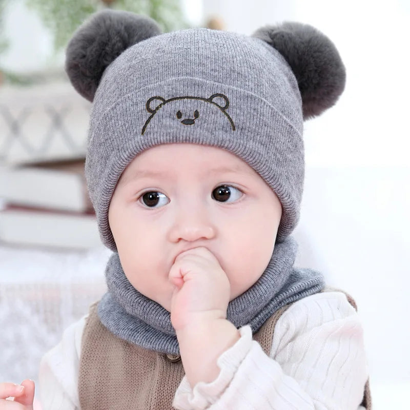 2pcs Winter Baby Hat Scarf Set Toddler Girl Boy Cap Knitted Beanie Fur Ball Cartoon Bear Snow Outfit Infant Accessories