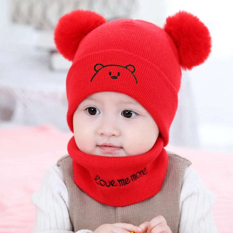 2pcs Winter Baby Hat Scarf Set Toddler Girl Boy Cap Knitted Beanie Fur Ball Cartoon Bear Snow Outfit Infant Accessories