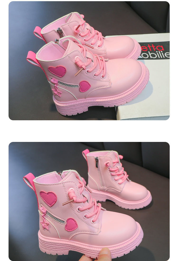 Girls' Fashion Rubber Boots – Autumn/Winter PU Round-Toe Boots with Soft Cotton Lining, Side Zip, and Heart Detail in Pink