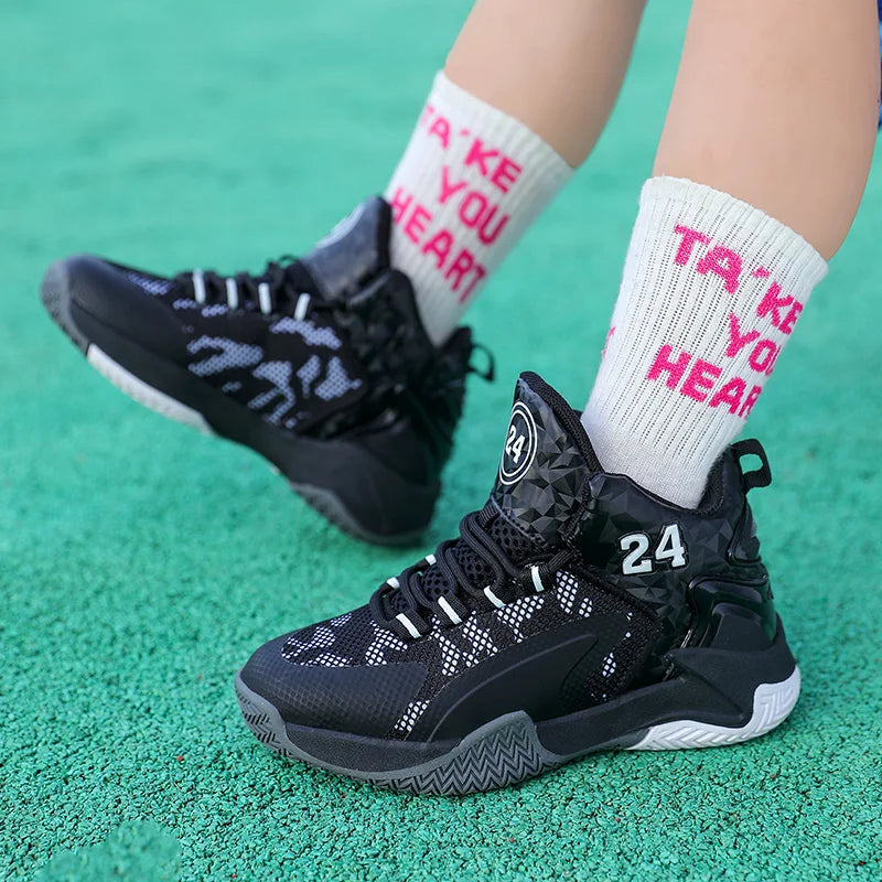 Childrens Basketball Shoes Big Kid Non Slip High-top Sport Training Sneakers Lightweight Outdoor Basketball Boots for Boy Youth