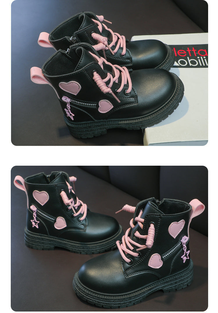 Girls' Fashion Rubber Boots – Autumn/Winter PU Round-Toe Boots with Soft Cotton Lining, Side Zip, and Heart Detail in Pink