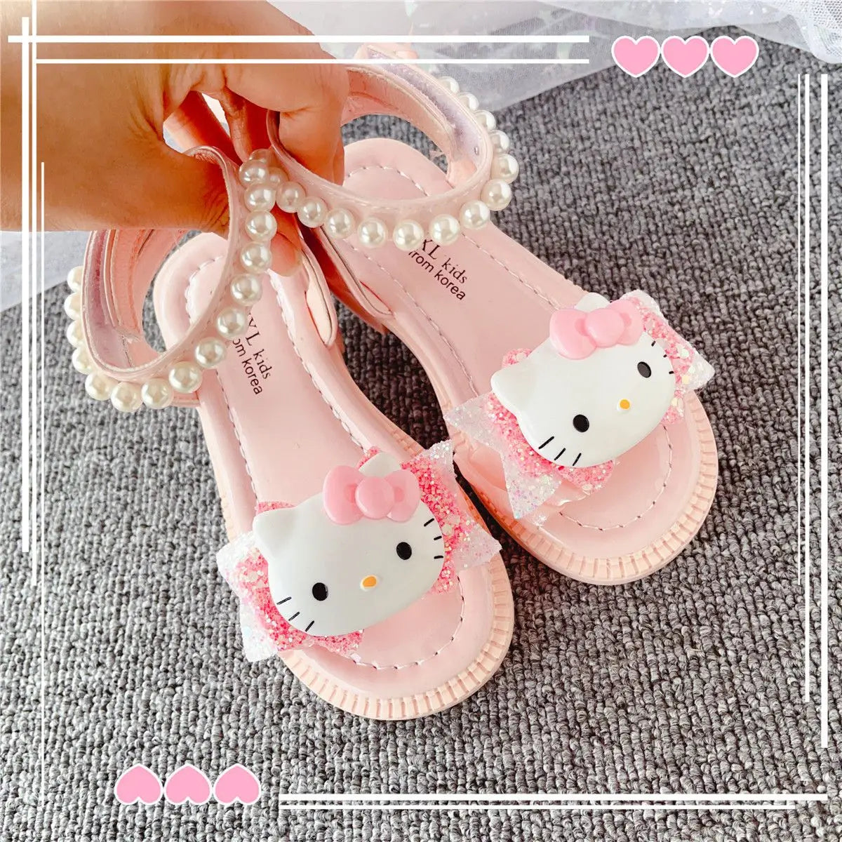 2024 Summer Cartoon hello kitty KT Cat Style Girls' Sandals Beautiful Pearl Children's Princess Performance children kids shoes