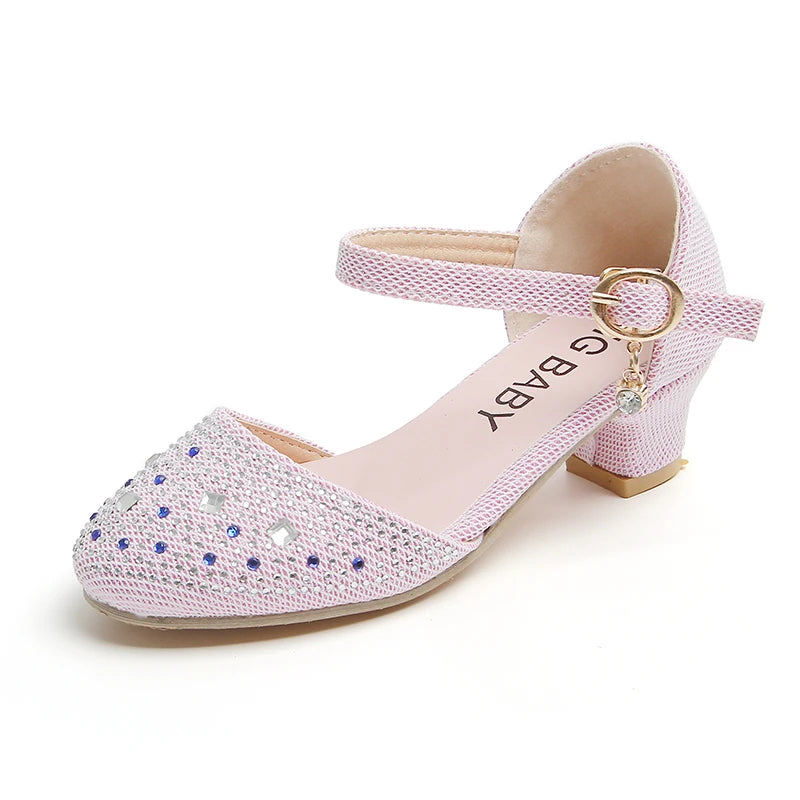 Girls Leather Shoes Pink New with Heel Rhinestone Girls Princess Single Shoes 4-12 Years Old Fashion Non-slip Children's Sandals