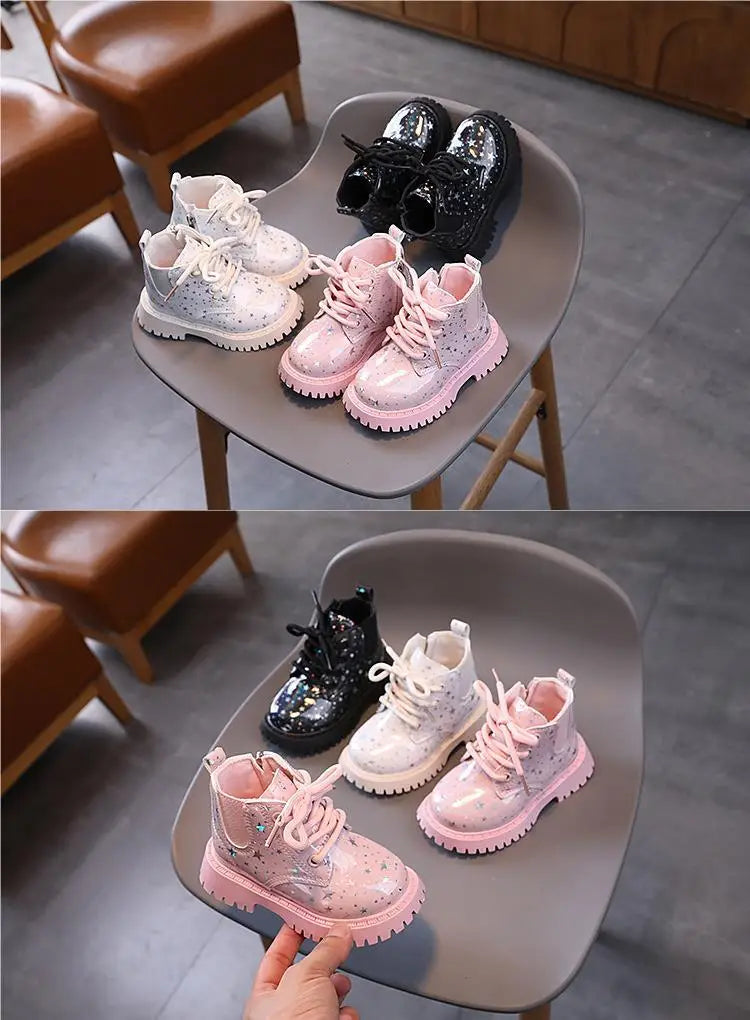 New Children Martine Boots Non-slip Soft Sole Walking Shoes PU Leather Sparkle Boots Lace Up Side Zipper Pure Color Casual Shoes