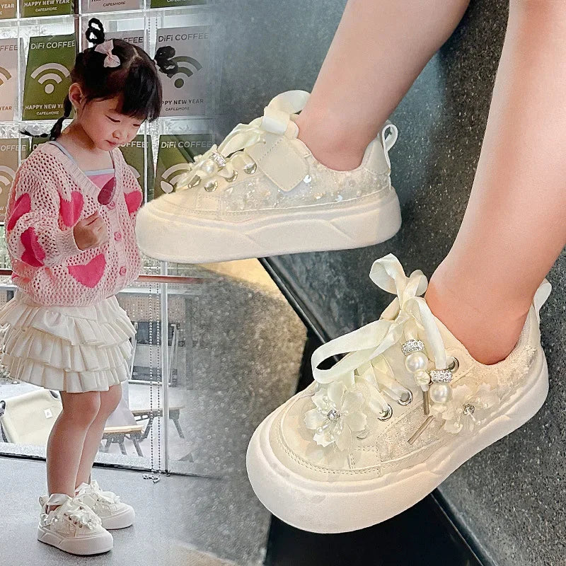 Girls Casual Shoes Chinese Style Kids Princess Shoes with Sweet Flowers 2024 Autumn New Girls Sports Shoes with Cute Ribbon Bow