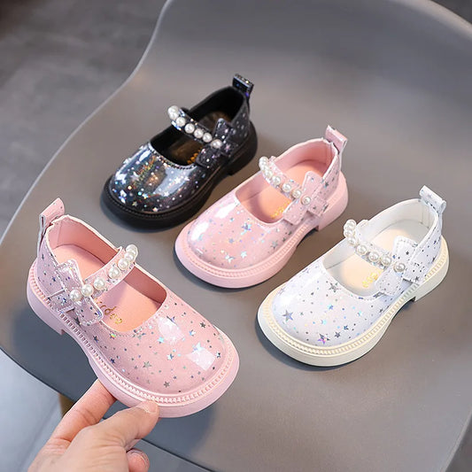 Girl Princess Shoes Spring and Autumn New Pearl Rhinester Girl Black Leather Shoes Show Shoes Kids Single Shoes Glass Slippers