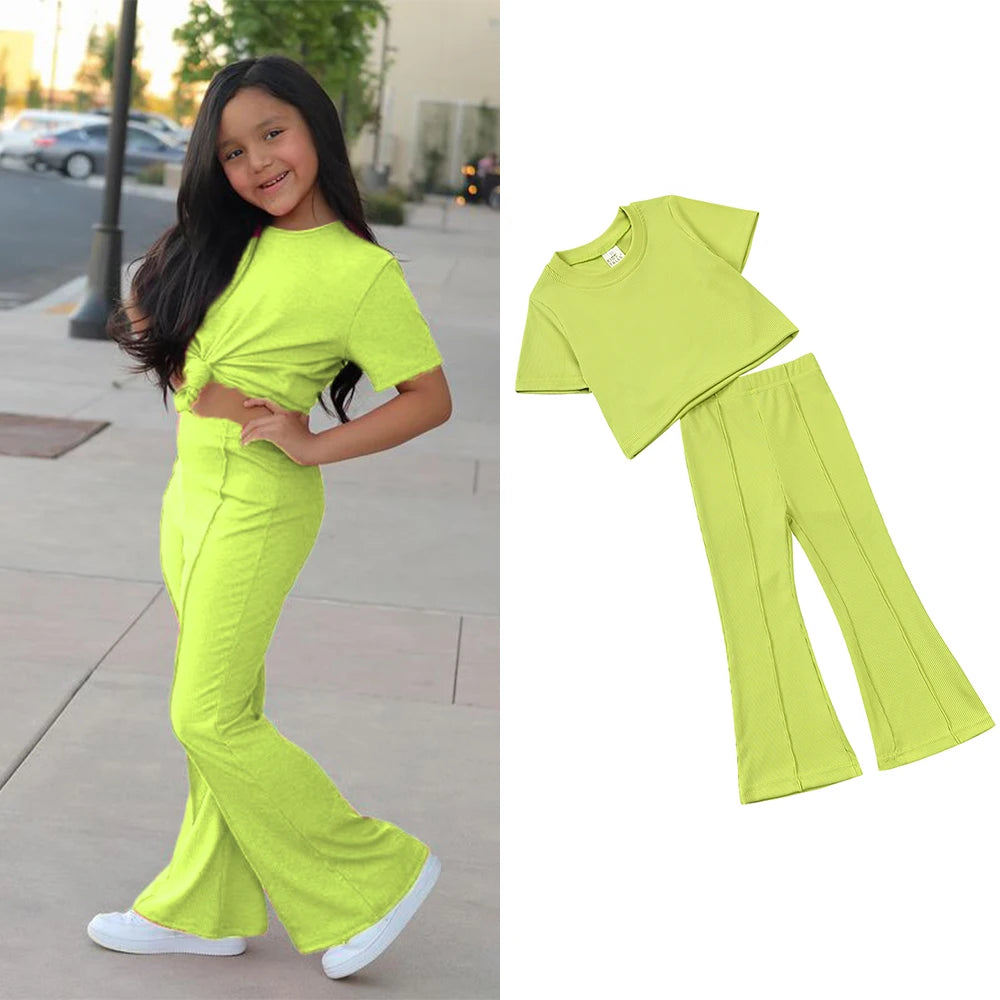2025 Summer Girls Bell Bottom Outfits 2pcs Solid Cotton T-shirt Pants Suit For Children Teenage Girls Fashion Tracksuit Clothes