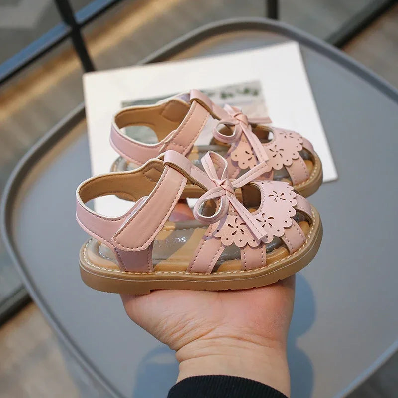 Girls Baby Sandals Summer Bow Beige Soft Girls Walking Shoes 2-12 Years Old Pink Fashion Non-slip Children Sandals Baby Shoes