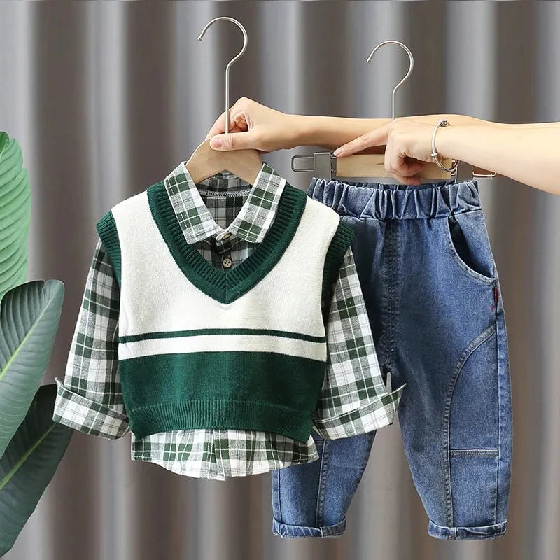 Boys' Baby Autumn Suit 2024 New Children's Fashionable Clothes Spring and Autumn Vest Shirt Jeans 3 Piece Set