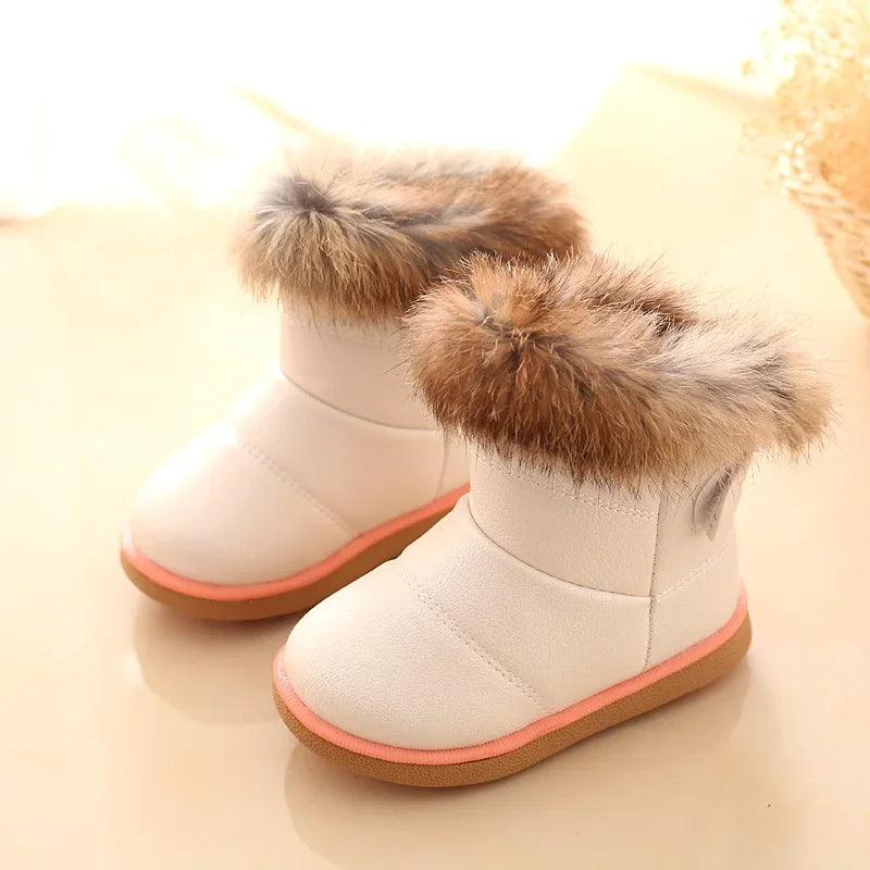 New Winter Baby Girls Boots Casual Warm Rabbit Fur Mid-Calf Boots Shoes Child Slip-On Round Toe Platform Snow Boots Shoes H01259