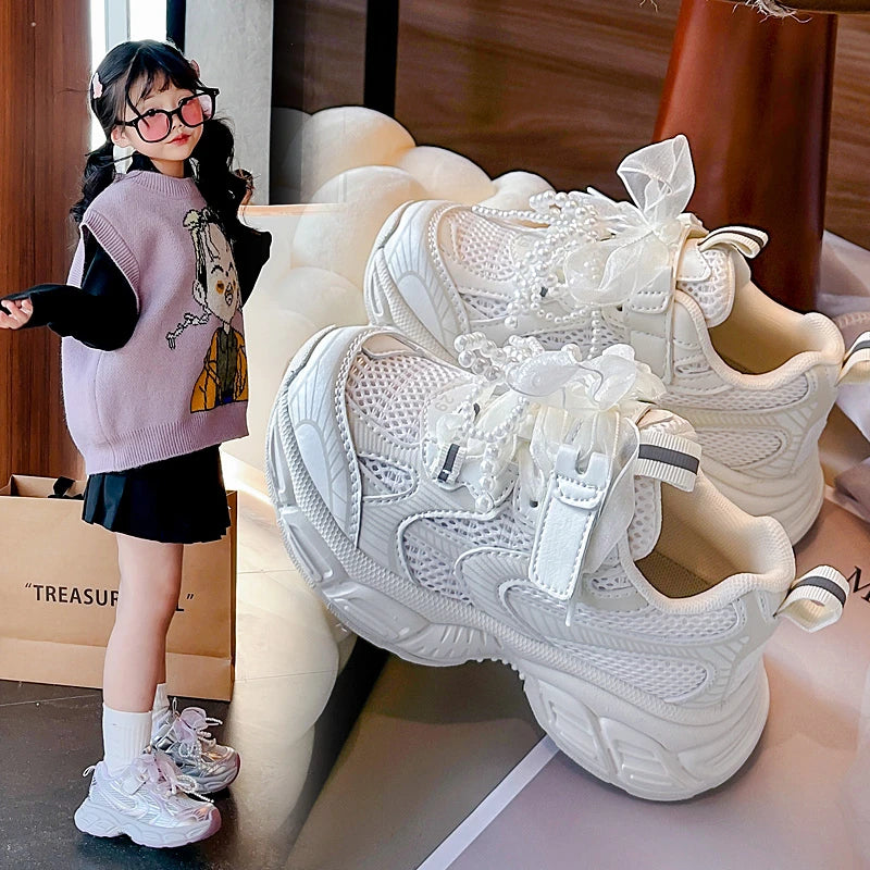3-18 Years Old Girls Sneakers Four Seasons Beige Bow Mesh Girls Tennis Shoes Pink Soft Bottom Non-slip Children's Single Shoes