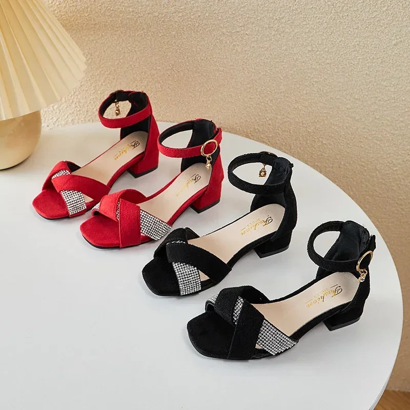 Children Mary Janes for Party Wedding Shows Girls Low Heels Pleated Rhinestones Sandals Classic Kids Princess Shoes PU 2024 New