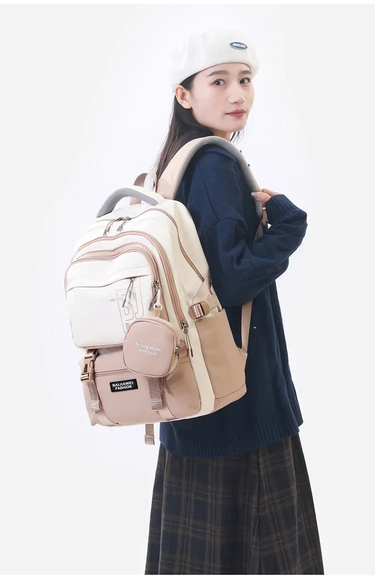 Macaron Color-Block Girls' School Backpack – Premium Large-Capacity Bag with Rainbow Zipper for Kids and Teen Students