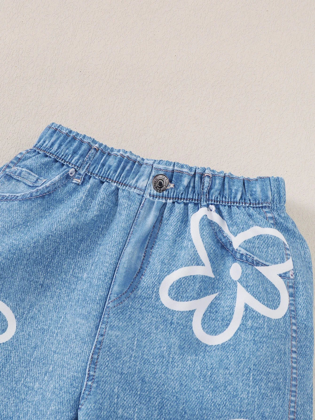 Young Girls' Solid Color Casual Tank Top With Denim Look Floral Print Straight Pants, Summer