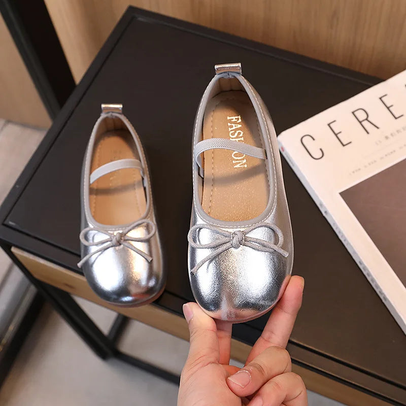Girl's Flat Shoes Gold Silve Red Bowknot Leather Shoes Kids Soft bottom Princess Single Shoes for Children Toddler shoes 2-11T