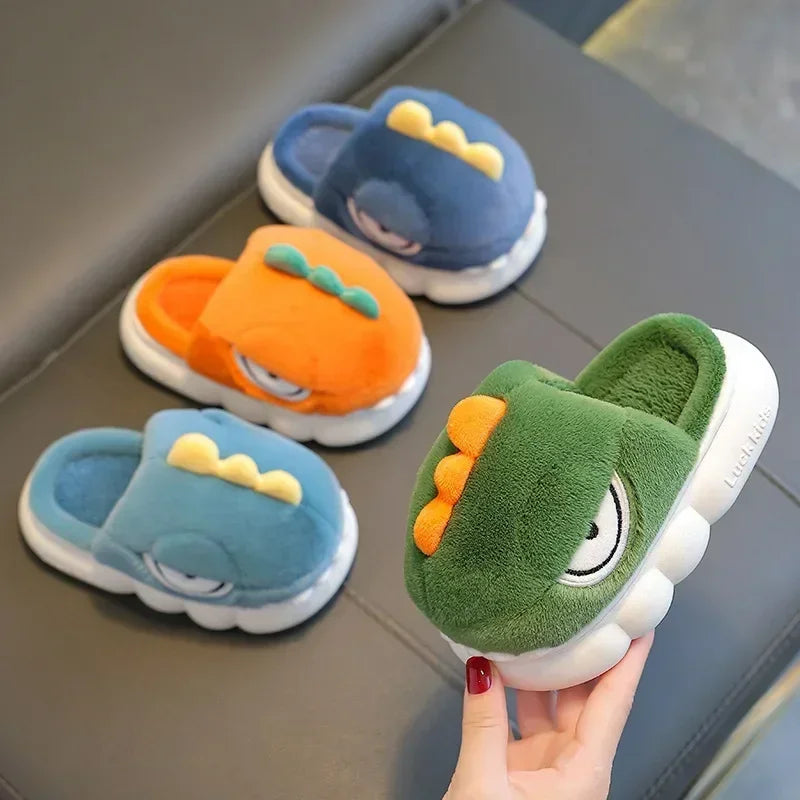 Cute Cartoon Dinosaur Children Plush Slippers Soft Sole Non-slip Winter Warm Baby Boys Girls Indoor Home Heel Wrap Cotton Shoes