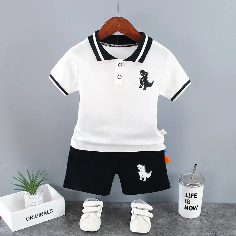 Summer Children Clothes Baby Boys Clothes Set Dinosaur Printed Turn-down Collar T-Shirts Tops+ Shorts 2PCS/Suit Infant Clothing