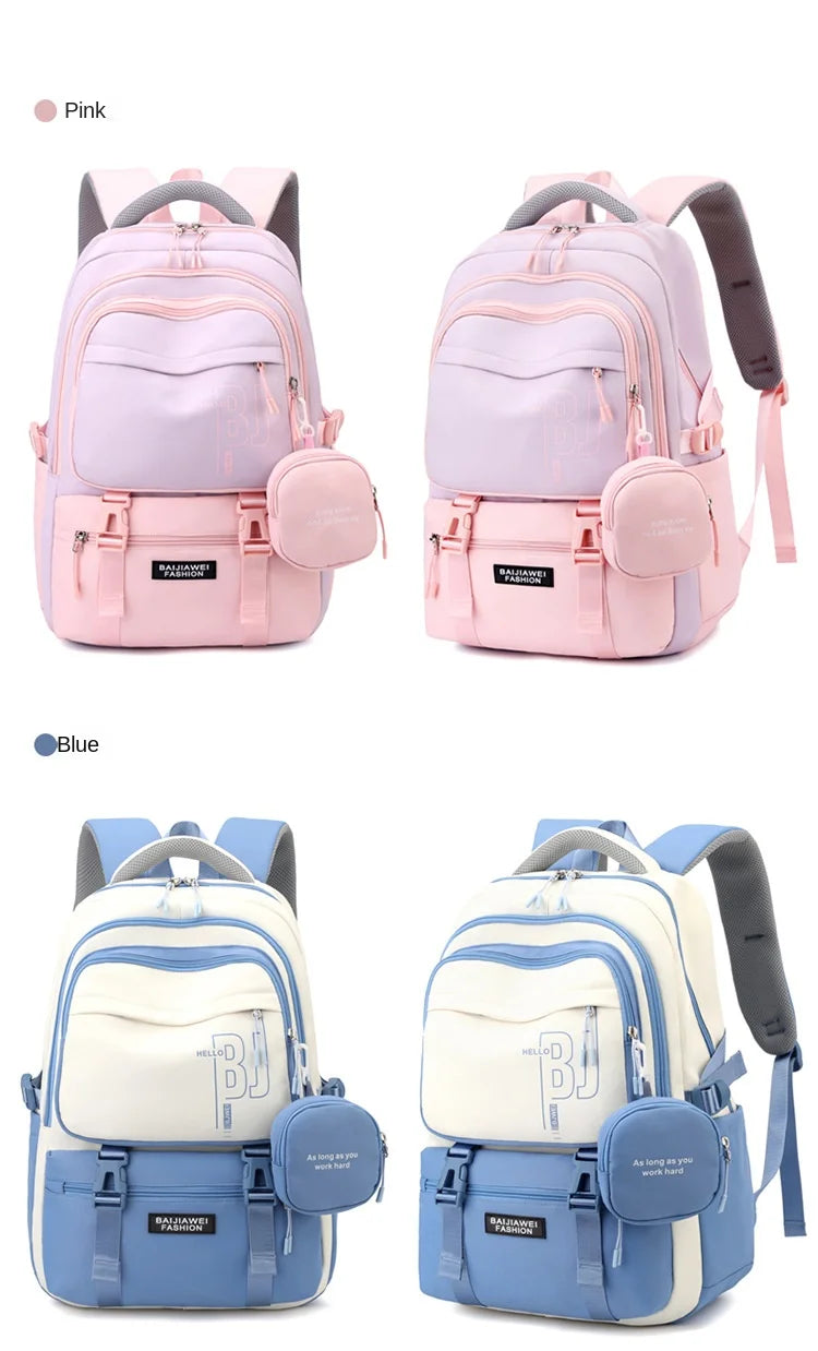 Macaron Color-Block Girls' School Backpack – Premium Large-Capacity Bag with Rainbow Zipper for Kids and Teen Students