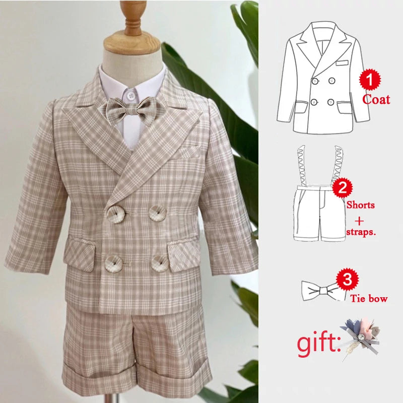 Baby Photograph Boys Suit Children Clothes Set Spring Khaki Lattice Birthday Dress Kids costume Tuxedo Coat+Shorts With Strap