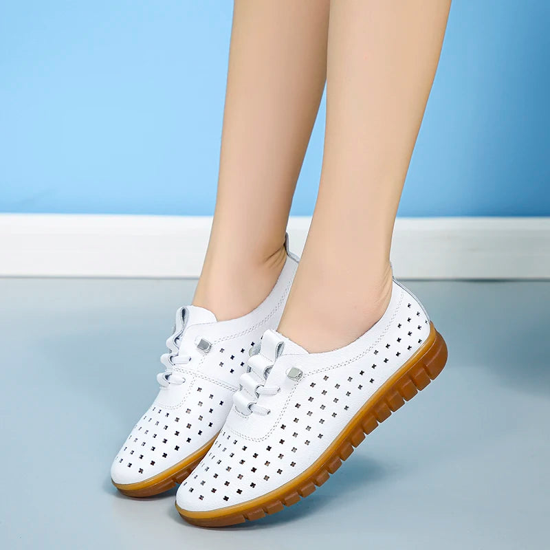 Genuine Leather Summer Loafers Women Casual Shoes Moccasins Soft Pointed Toe Ladies Footwear Women Flats Shoes White