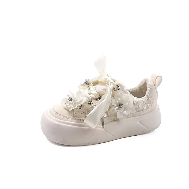 Girls Casual Shoes Chinese Style Kids Princess Shoes with Sweet Flowers 2024 Autumn New Girls Sports Shoes with Cute Ribbon Bow