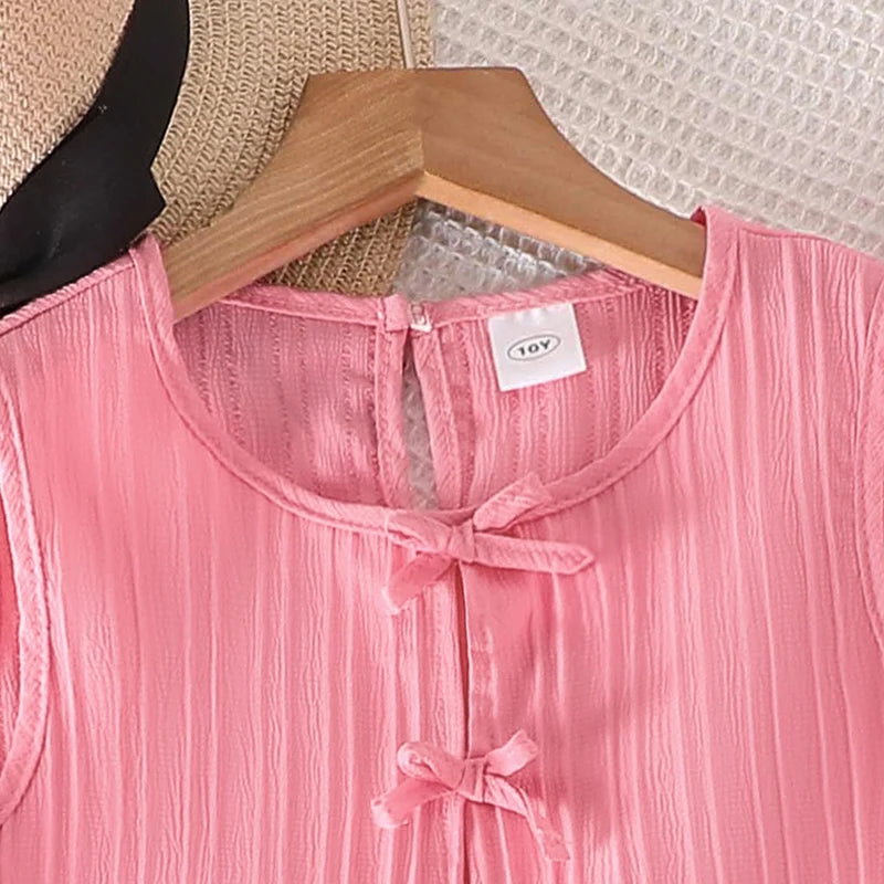 Summer Solid Color Pink Striped O-Neck Sleeveless Bowknot Top & Elastic Waist Pants For Girls 8-12 Years Korean Style Daliy Set