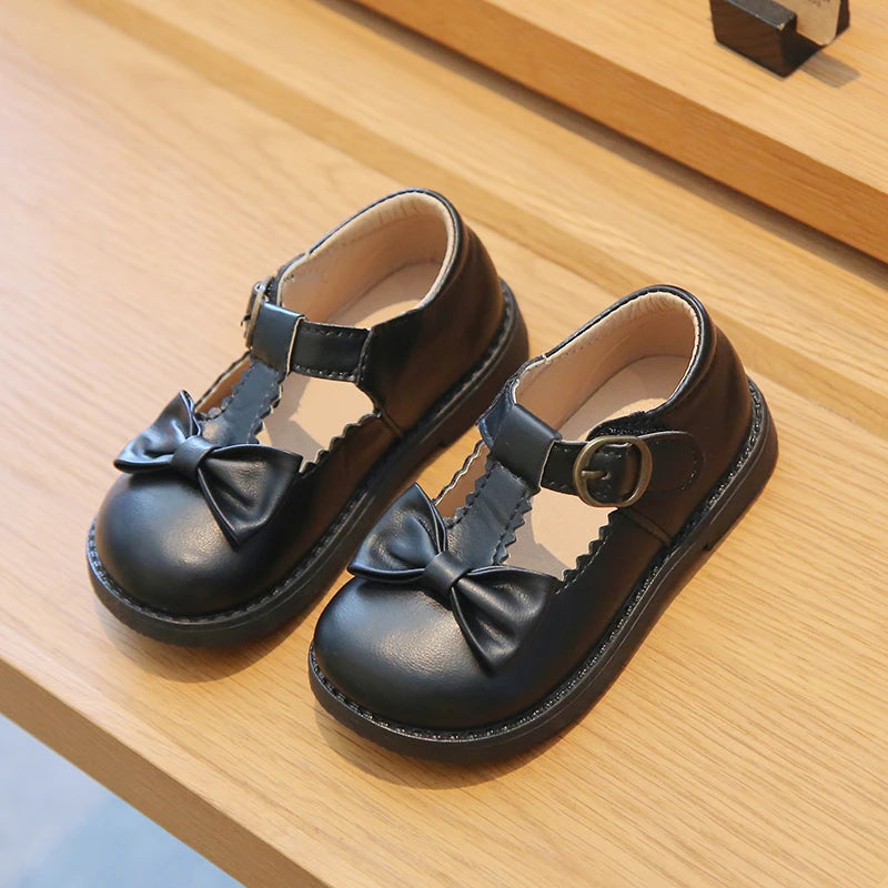 Girl's Mary Janes Ruffles Bowknot Lovely Beautiful Kids Leather Shoes Four Colors 21-30 Toddler Black Beige Fashion Kids Shoe