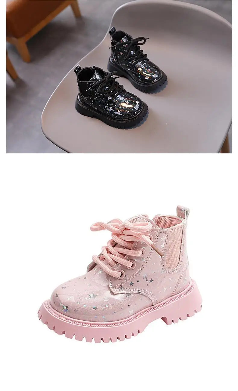 New Children Martine Boots Non-slip Soft Sole Walking Shoes PU Leather Sparkle Boots Lace Up Side Zipper Pure Color Casual Shoes