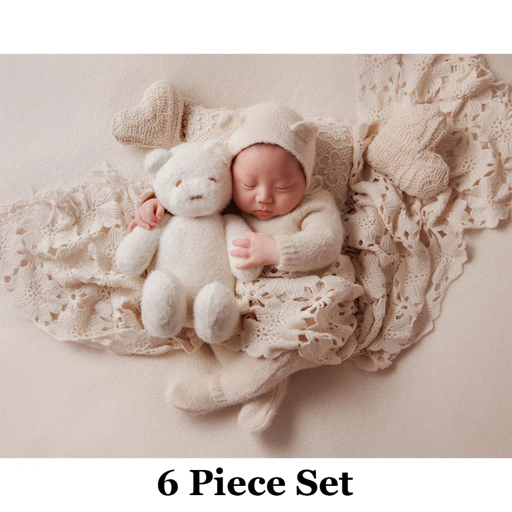 Baby Photography Costume Knitted Long-Sleeved Jumpsuit+Bear Ear Hat Teddy Bear Doll Photo Props Lace Pillow Shooting Accessories