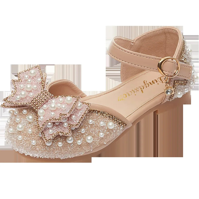 New Girl Sandals Cute Bow Pearl Sequins Kid Princess Shoes Flat Heels children Dancing Size 21-36
