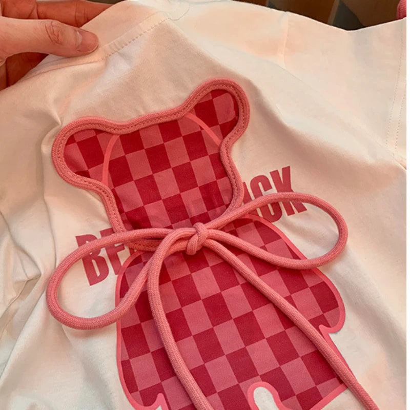 Summer Baby Girls Clothes Set Plaid Cartoon Bear Tshirts and Flared Pants Suiy Children Short Sleeve Top Bottom 2 Pcs Outfits