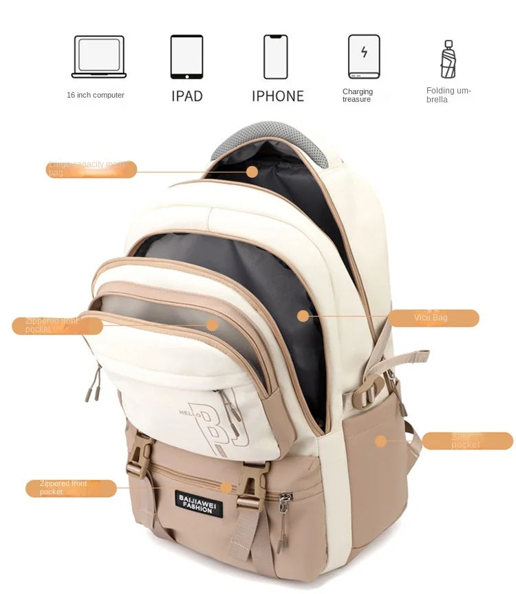 Macaron Color-Block Girls' School Backpack – Premium Large-Capacity Bag with Rainbow Zipper for Kids and Teen Students