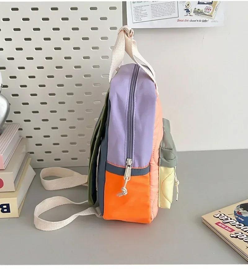 New Children's Casual Fashion Bag Boys and Girls Canvas Two-shoulder Bags Baby Color Matching Quilted Backpack School Bags